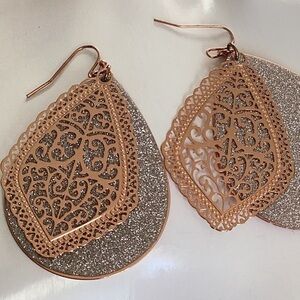 Rose gold silver filigree teardrop earrings party
